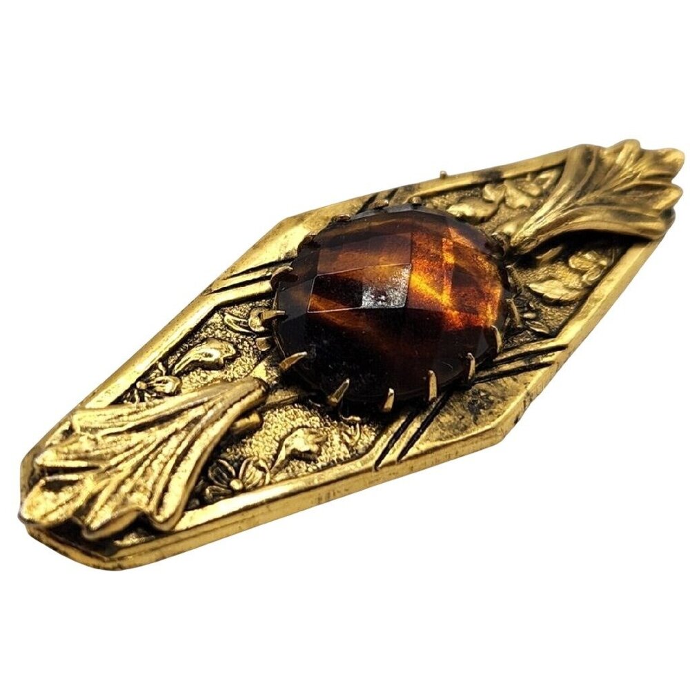 Vintage Freirich Gold Tone Victorian Revival Amber Glass Mourning Brooch‎ Pin